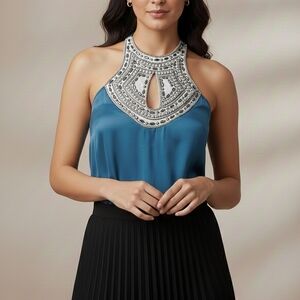 Bebe,  Teal Embellished Halter Top with Hand Stitched Embellished Top Size XXS